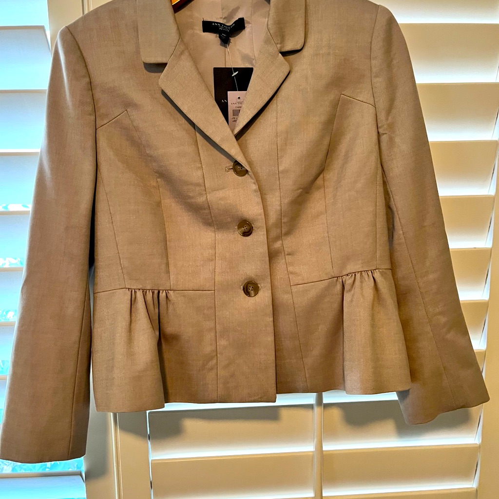 New! Ann Taylor Taupe Brown Fitted Ruffle Peplum Blazer.